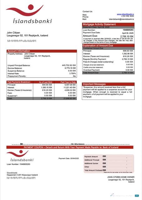 Download Iceland Bank of Iceland (Íslandsbanki) mortgage statement Word and PDF template Photoshop template